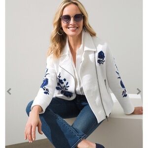 Chico’s Embroidered Floral Cardigan Jacket. Blue & White. NEVER worn.